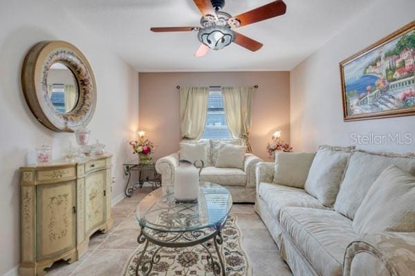 living room featuring ceiling fan