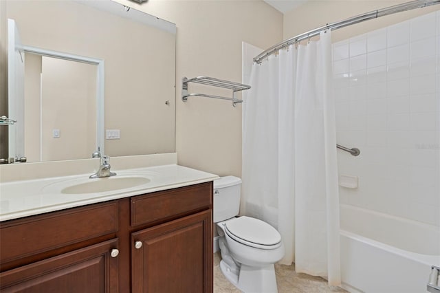 full bathroom with vanity, shower / bath combo, tile patterned floors, and toilet