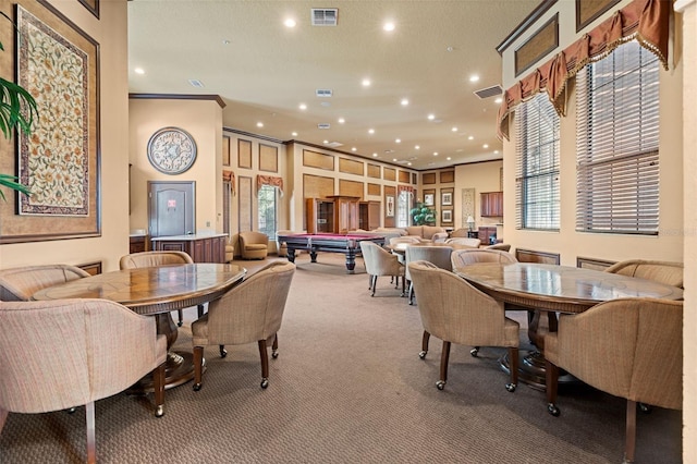 dining area with ornamental molding, carpet flooring, and pool table