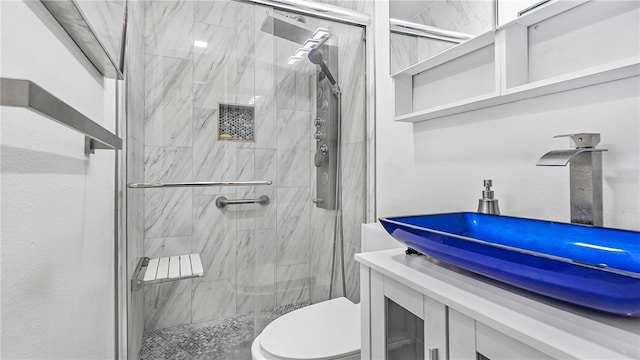 bathroom with a shower with door, vanity, and toilet