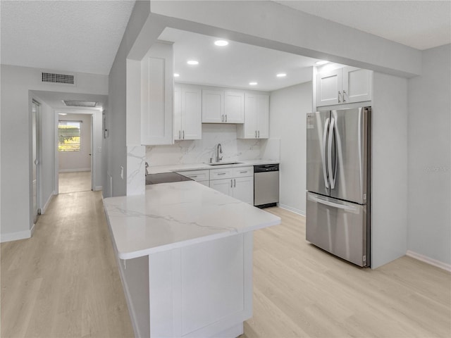 kitchen featuring sink, light hardwood / wood-style flooring, stainless steel appliances, white cabinets, and decorative backsplash