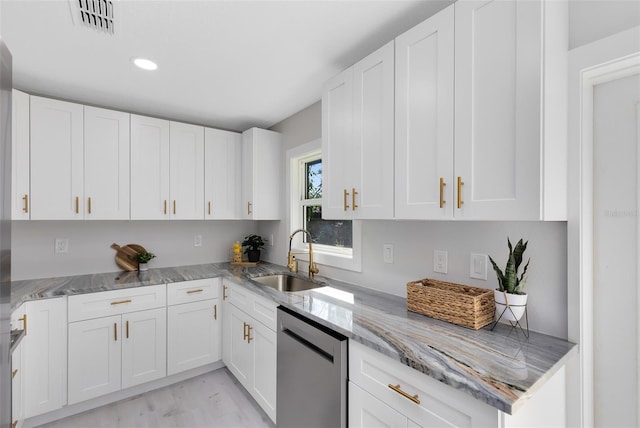 kitchen featuring white cabinetry, sink, light stone counters, and stainless steel dishwasher