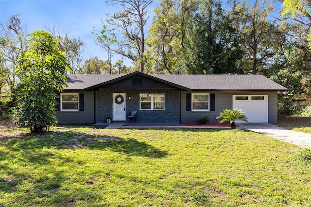 ranch-style home with driveway, a front lawn, roof with shingles, and an attached garage