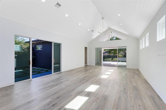 unfurnished living room featuring wooden ceiling, light hardwood / wood-style floors, and a high ceiling