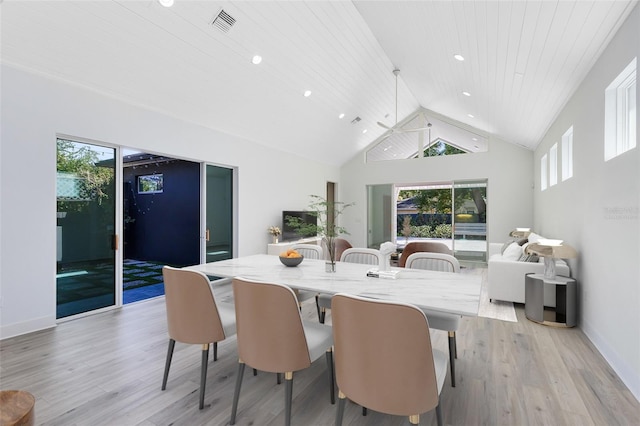 dining room featuring high vaulted ceiling, light hardwood / wood-style floors, wooden ceiling, and a healthy amount of sunlight