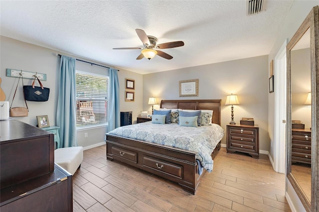 bedroom featuring a textured ceiling and ceiling fan