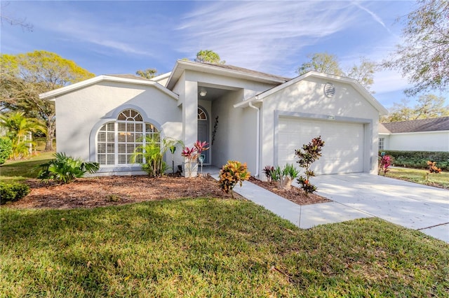 single story home featuring a garage and a front yard