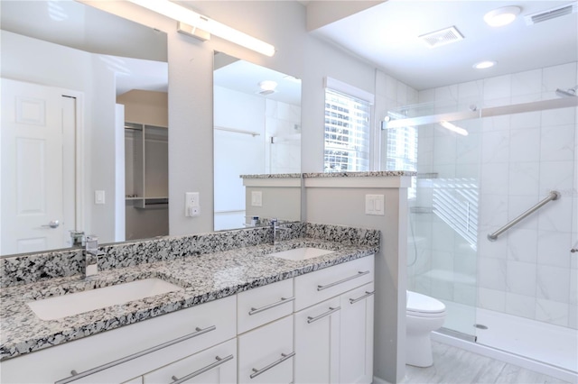 bathroom with vanity, toilet, and an enclosed shower