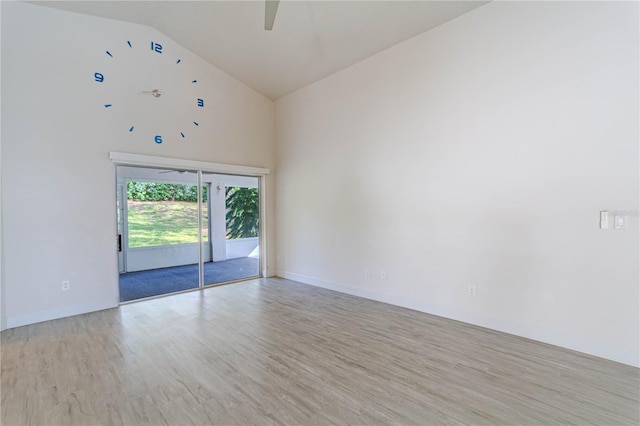 unfurnished room with ceiling fan, high vaulted ceiling, and light hardwood / wood-style floors