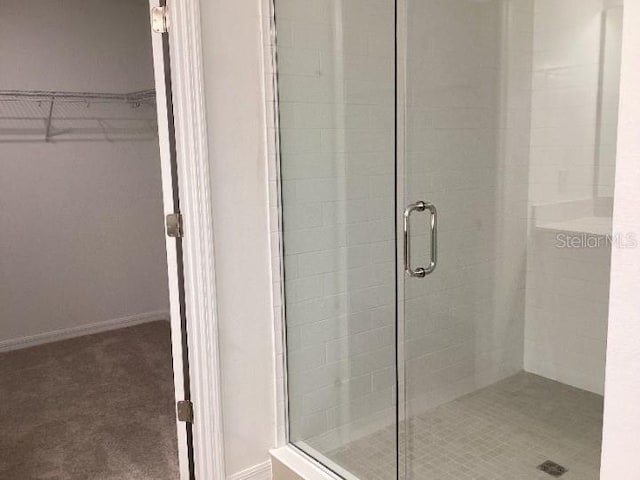 bathroom featuring a shower with shower door