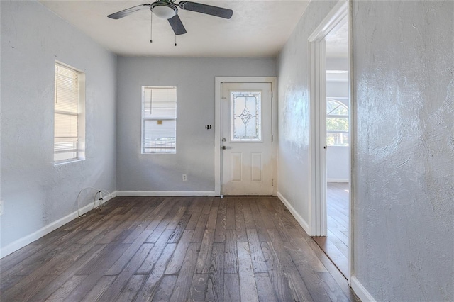 entrance foyer featuring ceiling fan and dark hardwood / wood-style flooring