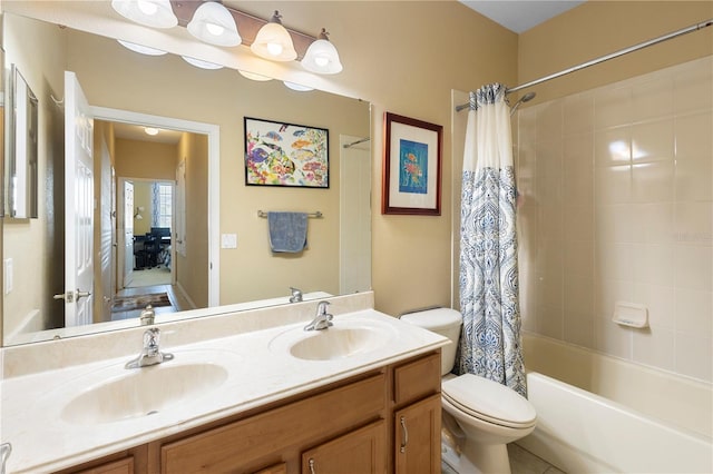 full bathroom featuring shower / bath combination with curtain, vanity, and toilet