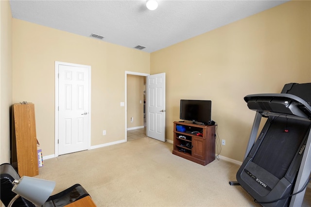 exercise area featuring light carpet and a textured ceiling