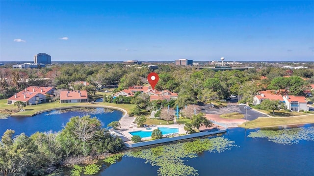 drone / aerial view featuring a water view