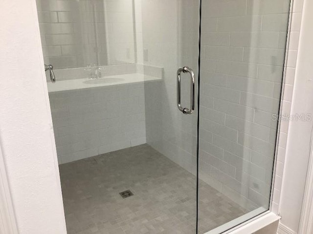 bathroom featuring sink and a shower with shower door