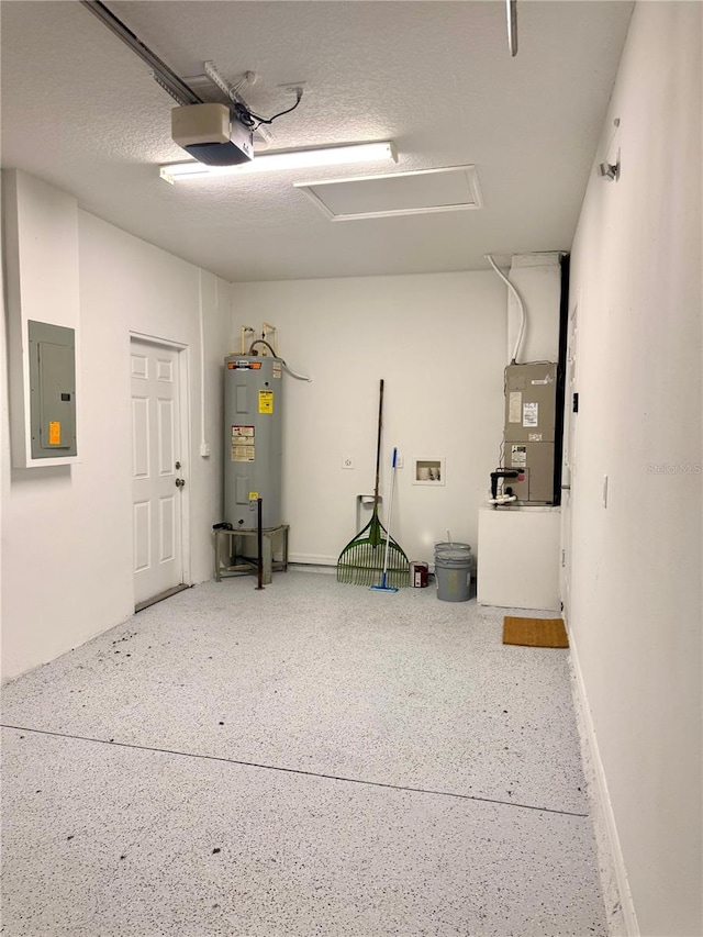 garage with heating unit, a garage door opener, electric panel, and electric water heater