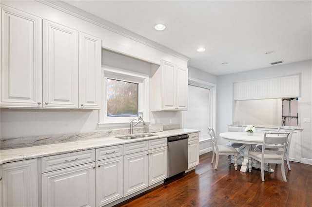 kitchen featuring sink, dark wood-type flooring, dishwasher, light stone counters, and white cabinets