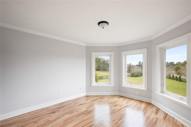 spare room with ornamental molding and light hardwood / wood-style flooring