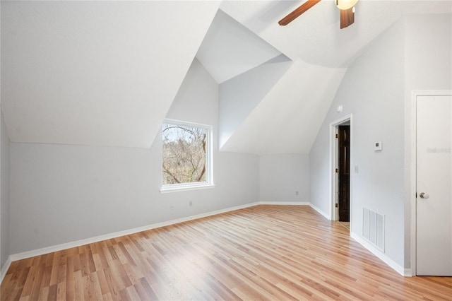 bonus room featuring vaulted ceiling, ceiling fan, and light hardwood / wood-style floors