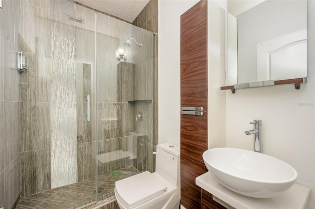 bathroom featuring sink, a shower with door, and toilet