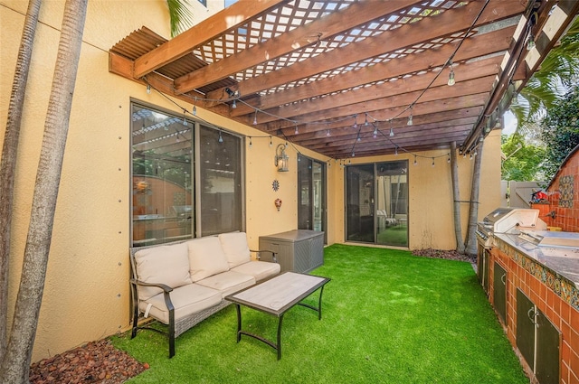 exterior space with outdoor lounge area and a pergola