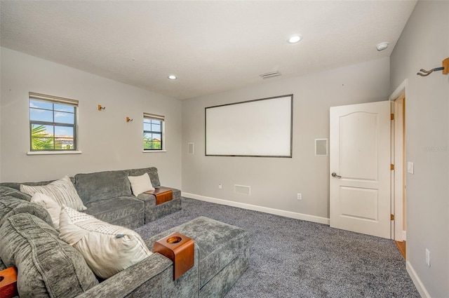 carpeted home theater room featuring a textured ceiling