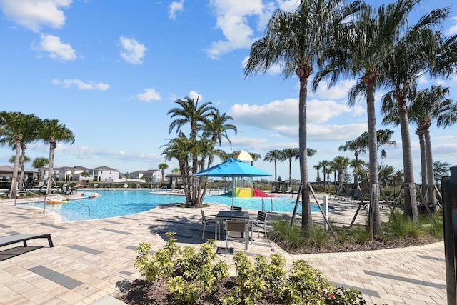 view of pool featuring a gazebo and a patio area