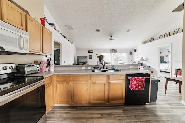 kitchen with dishwasher, sink, kitchen peninsula, a textured ceiling, and electric stove