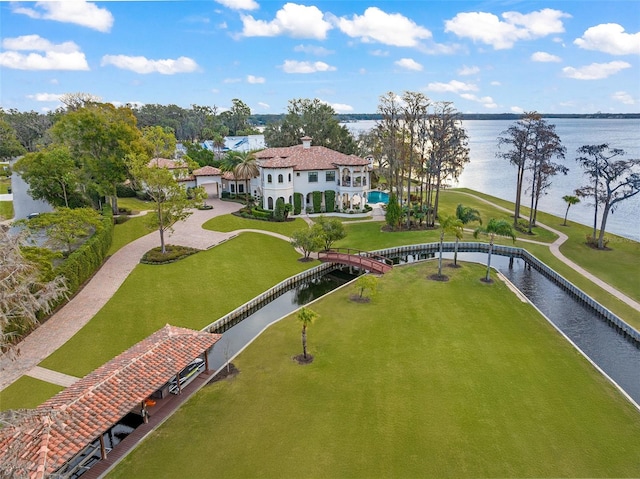 aerial view featuring a water view