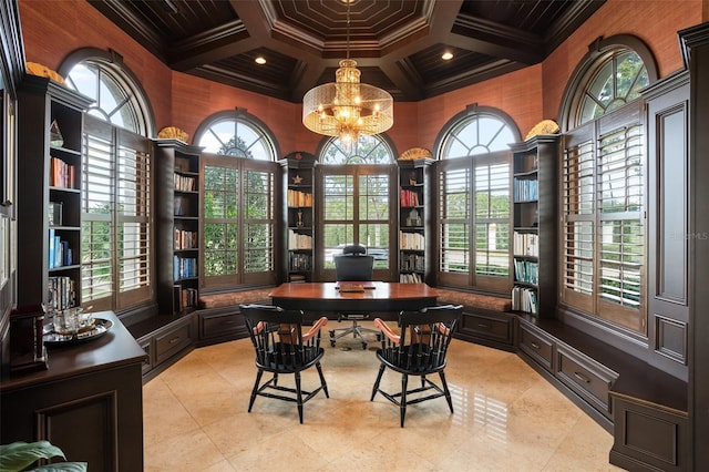 office space with a wealth of natural light, coffered ceiling, a chandelier, and crown molding