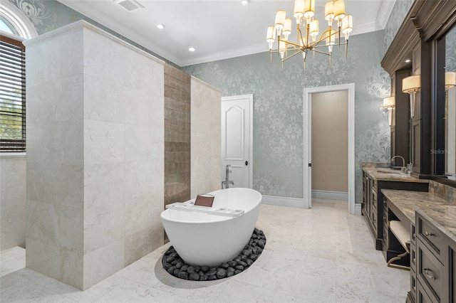 full bath with wallpapered walls, crown molding, a notable chandelier, and vanity