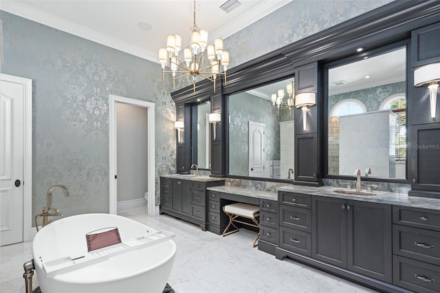 full bath with a sink, an inviting chandelier, crown molding, and wallpapered walls