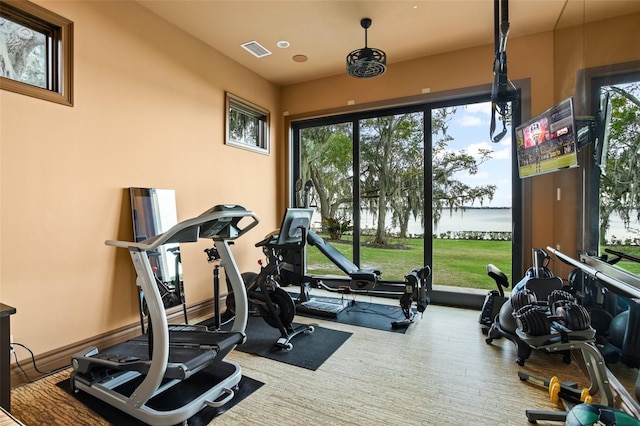 exercise room featuring visible vents, plenty of natural light, and baseboards