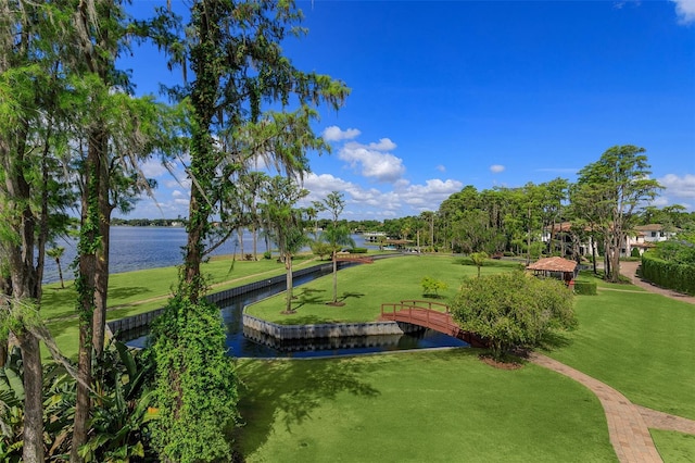 view of property's community featuring a yard and a water view