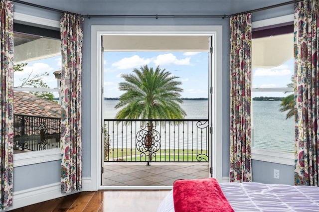 interior space featuring plenty of natural light, wood finished floors, baseboards, and a water view