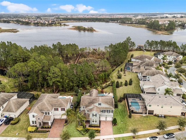 bird's eye view with a water view