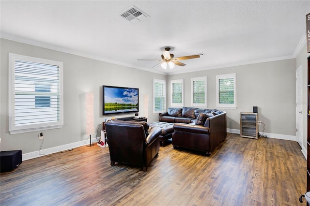 living room featuring crown molding, hardwood / wood-style floors, beverage cooler, and ceiling fan