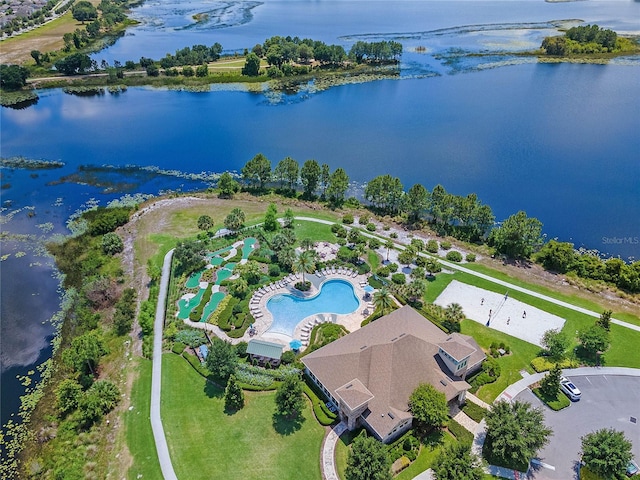 aerial view featuring a water view