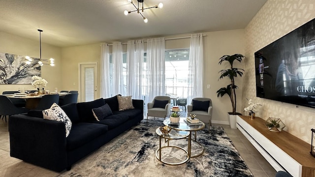 living room featuring a notable chandelier