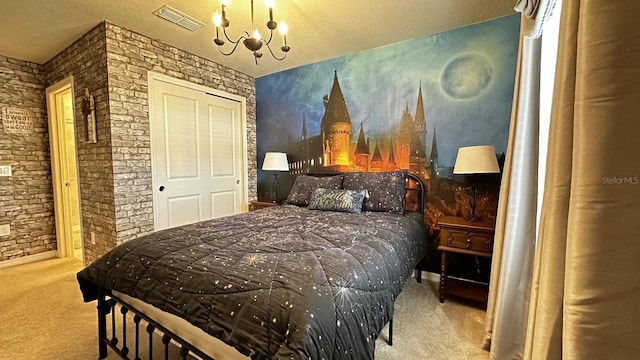 carpeted bedroom with a notable chandelier