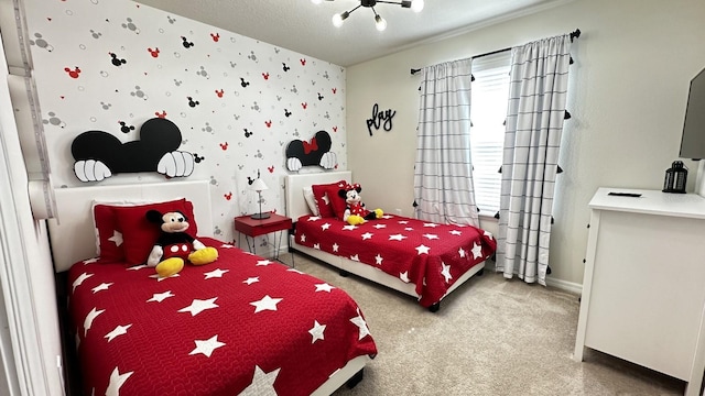 bedroom featuring a textured ceiling and carpet