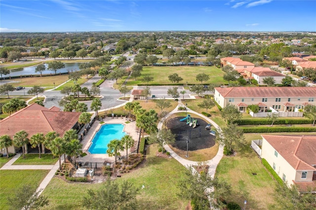 aerial view featuring a water view