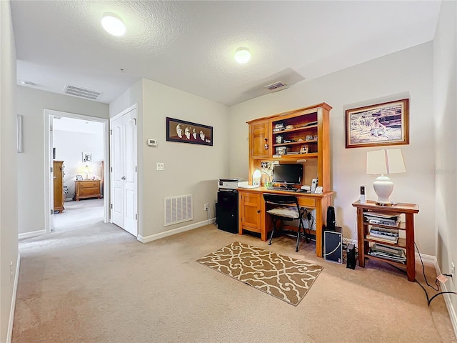 office with light colored carpet and a textured ceiling