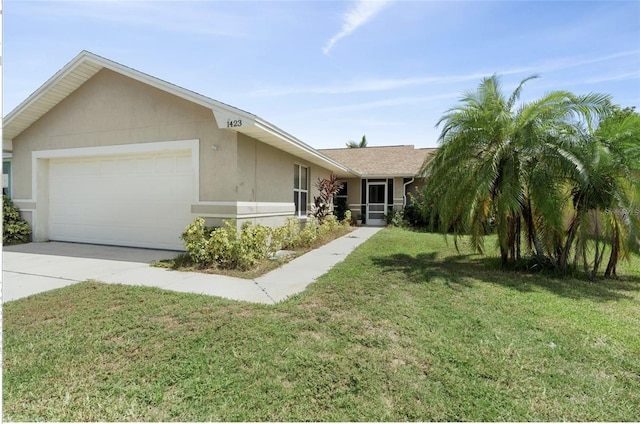 ranch-style home with a garage and a front lawn