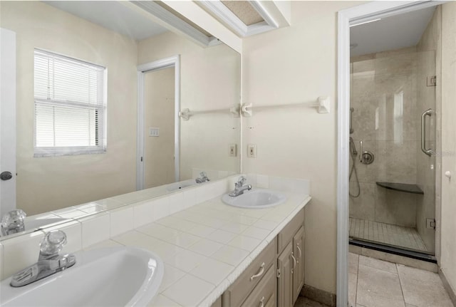 bathroom with tile patterned flooring, vanity, and a shower with door