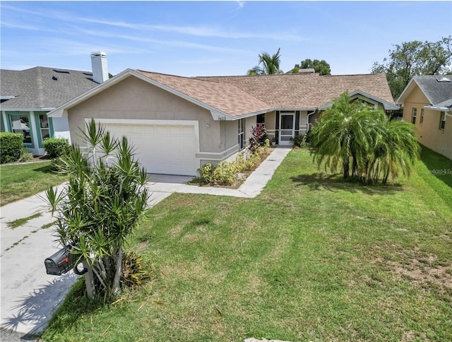 ranch-style house featuring a garage and a front yard