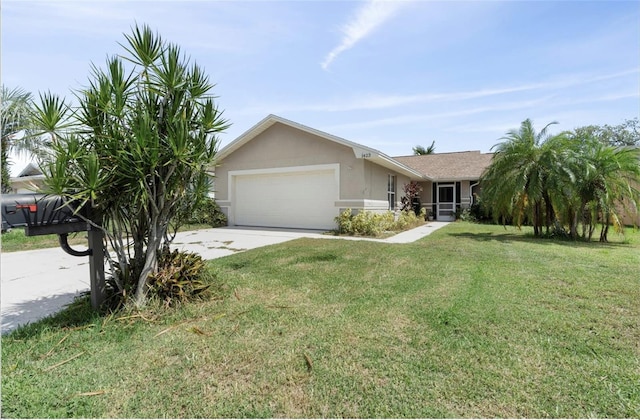 ranch-style house featuring a garage and a front lawn