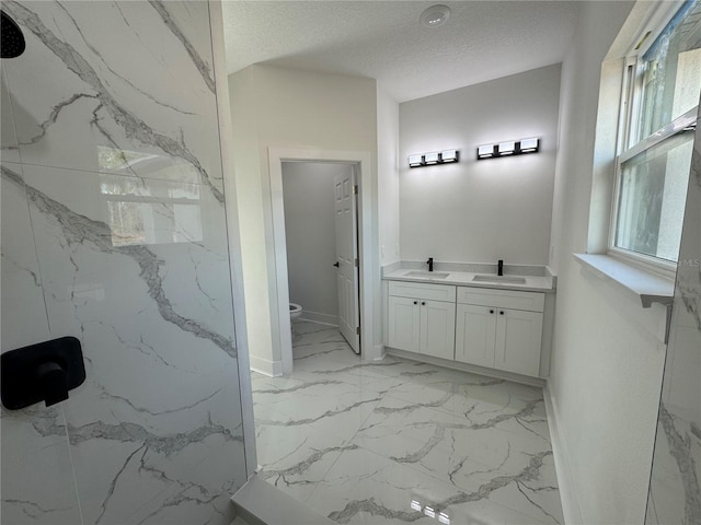 bathroom with vanity, a wealth of natural light, a textured ceiling, and toilet