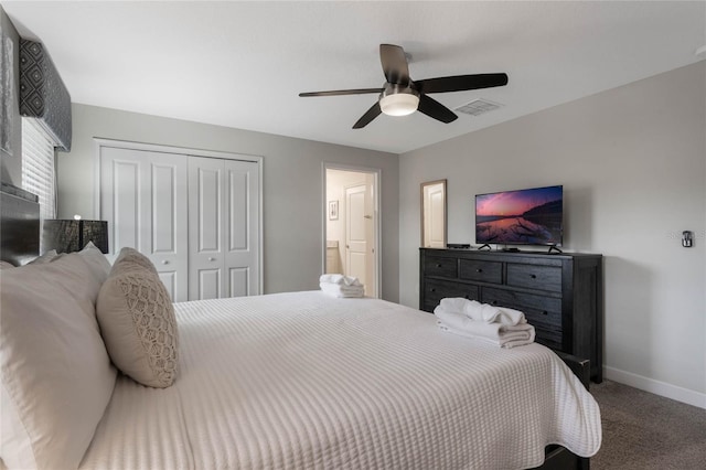 carpeted bedroom with ceiling fan and a closet