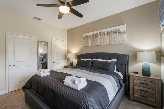 bedroom featuring carpet flooring and ceiling fan